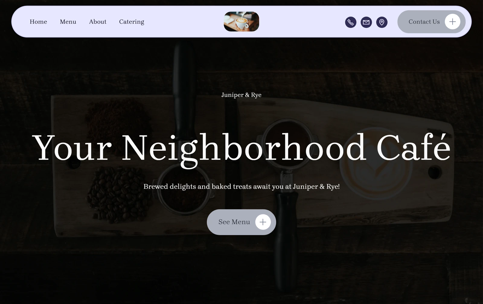 The published Juniper and Rye cafe site on a desktop with a menu bar and the headline Your Neighborhood Cafe over a coffee photo