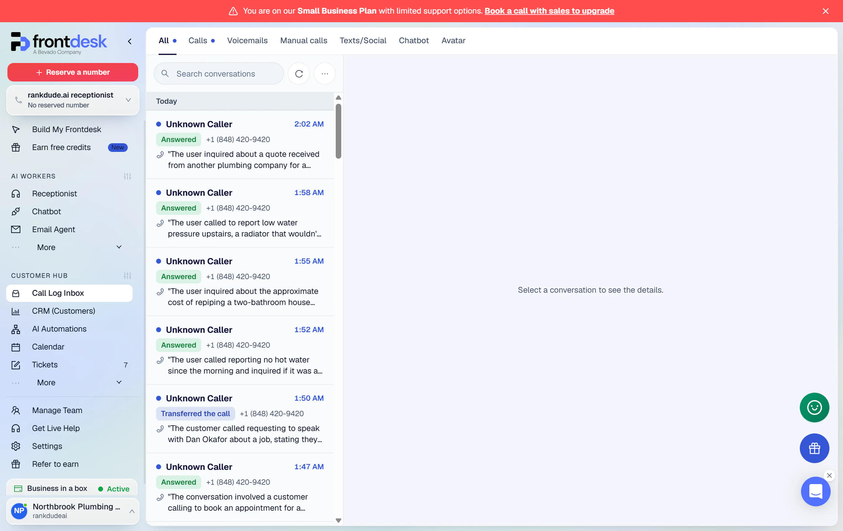 My AI Front Desk call log inbox listing answered test calls