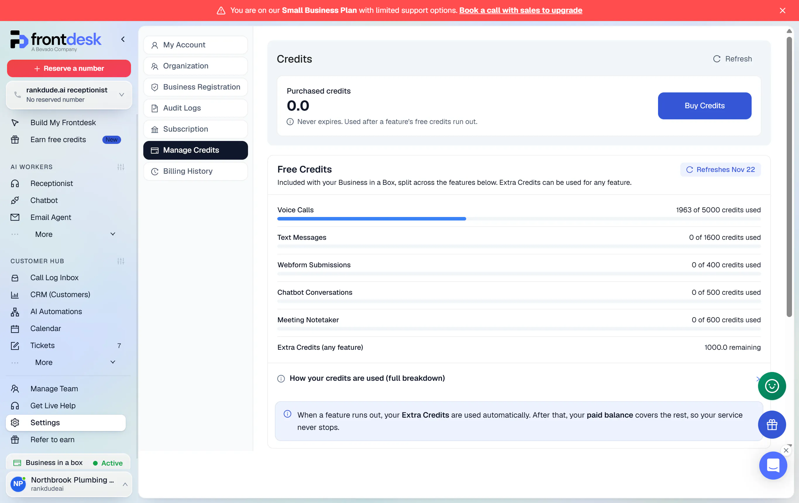 My AI Front Desk credits page showing voice call credits used