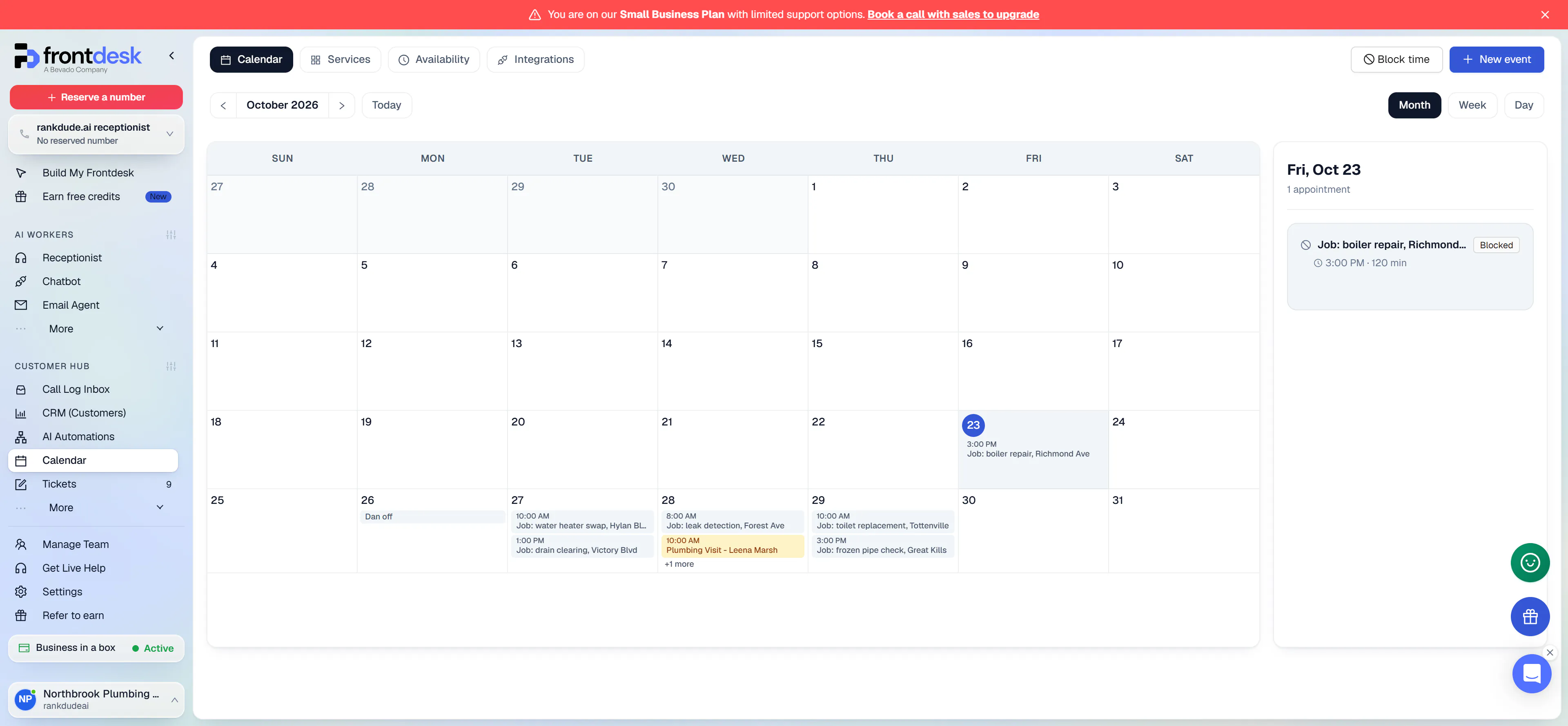 My AI Front Desk calendar month view of October 2026 with the Leena Marsh plumbing visit on Wednesday 28