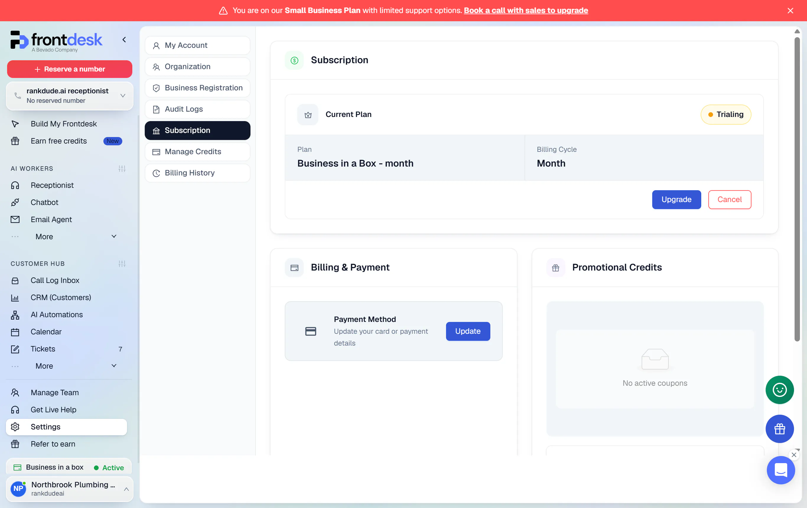 My AI Front Desk subscription page with the Business in a Box plan and a cancel button