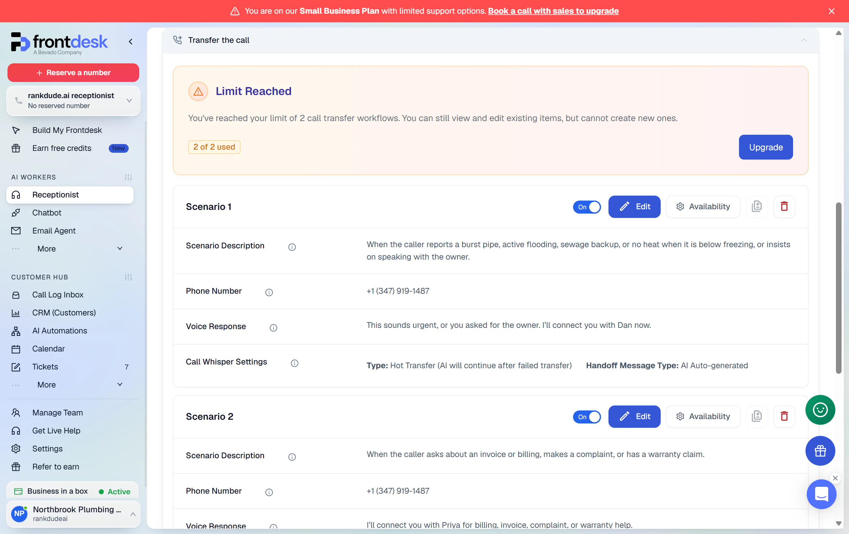 My AI Front Desk transfer settings with emergency and billing transfer rules