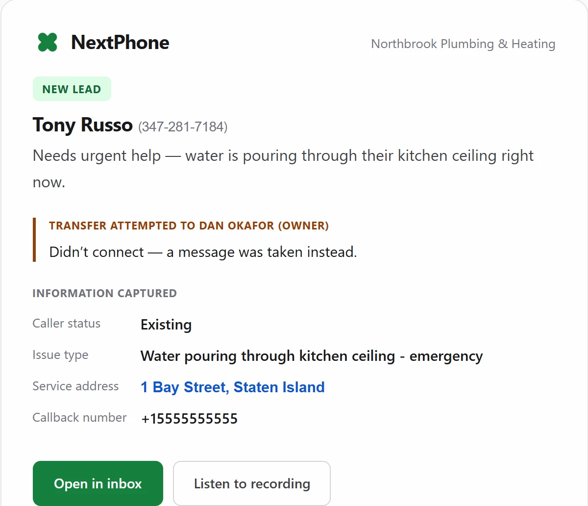 A NextPhone 'New lead' email for the call about water through the ceiling: Tony Russo, a banner reading 'Transfer attempted to Dan Okafor (owner): Didn't connect, a message was taken instead', and the information captured, including the service address and callback number