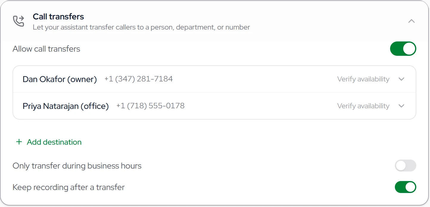 NextPhone's Actions page with Call transfers open: Dan Okafor and Priya Natarajan, both set to Verify availability, Only transfer during business hours off