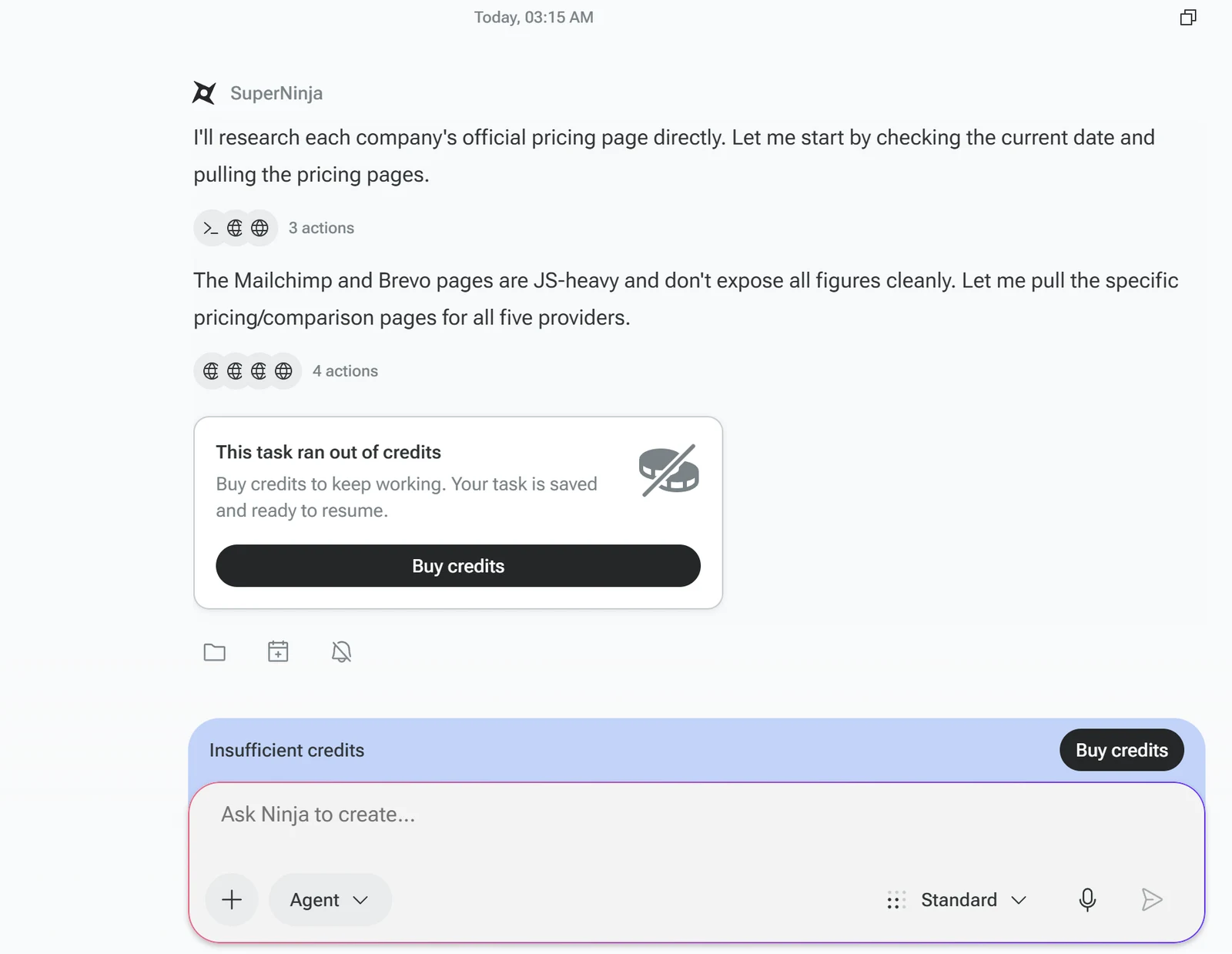Ninja AI chat showing a card that says This task ran out of credits, Buy credits to keep working, and a message box that says Insufficient credits