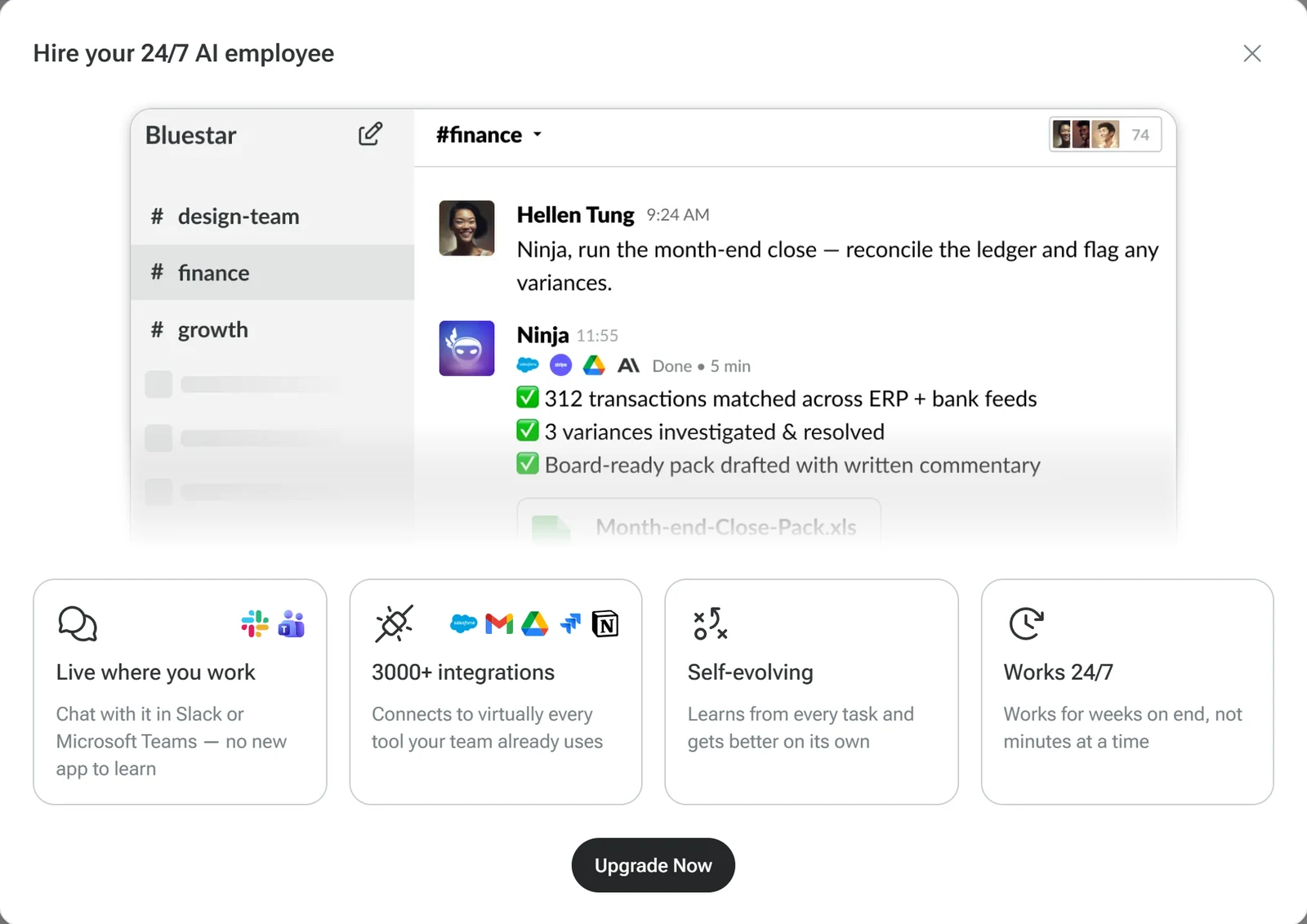 Ninja AI's Hire your 24/7 AI employee card with a Slack example, 3000+ integrations, Self-evolving and Works 24/7, and an Upgrade Now button