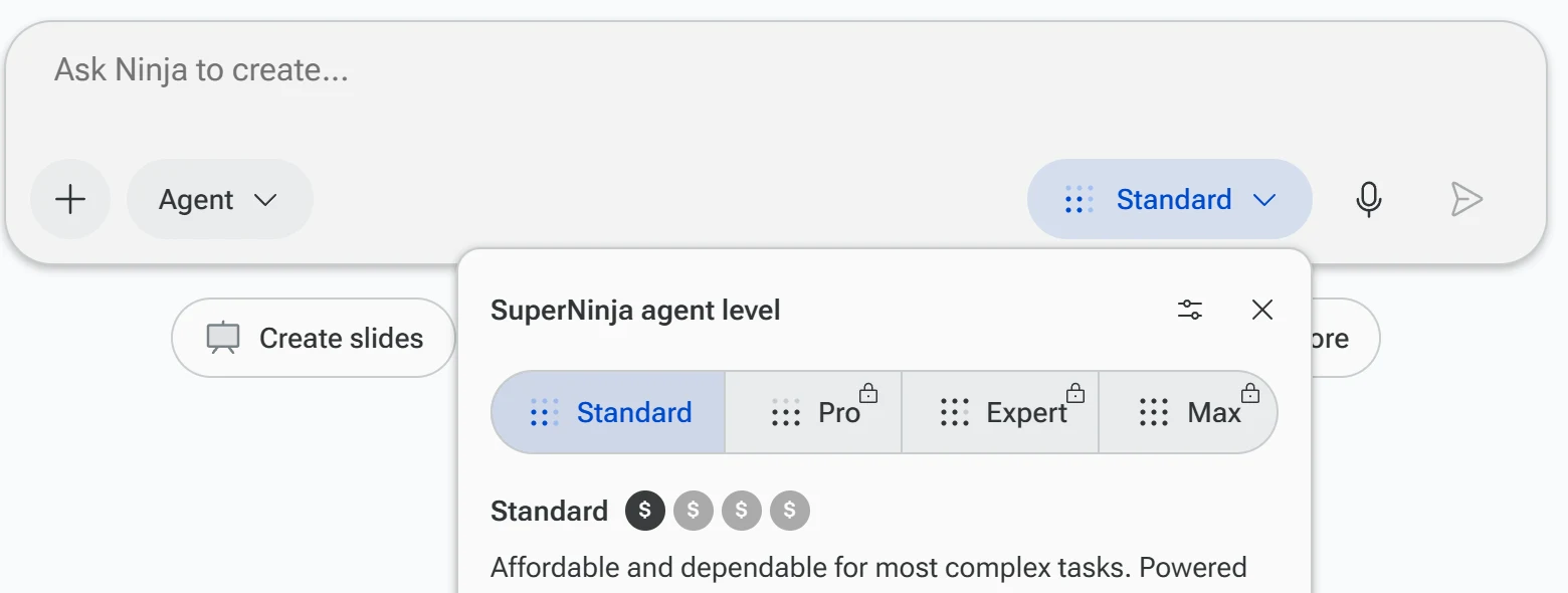 Ninja AI agent level menu with Standard selected and Pro, Expert and Max locked