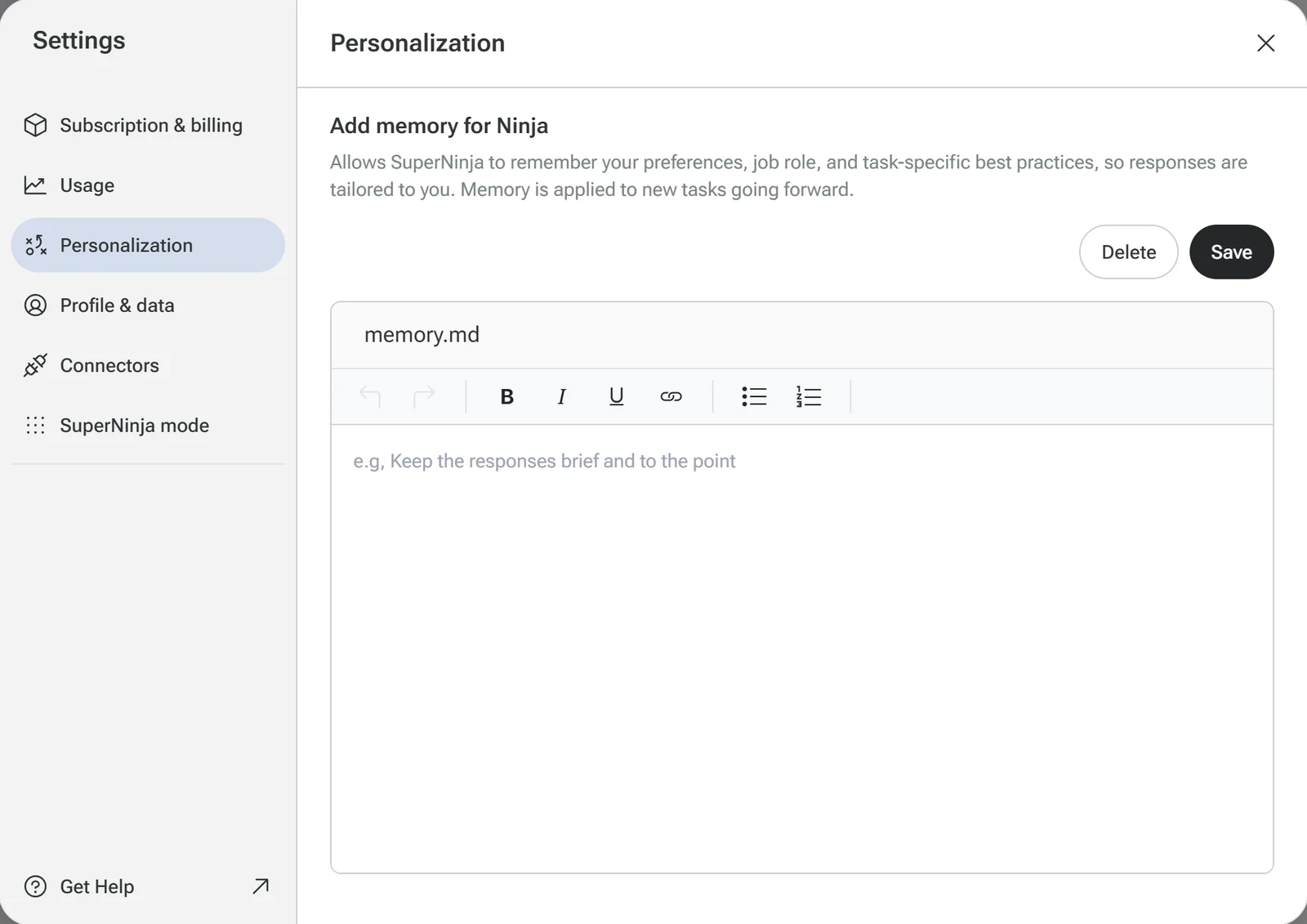 Ninja AI Settings memory page with one editable note called memory.md and Delete and Save buttons