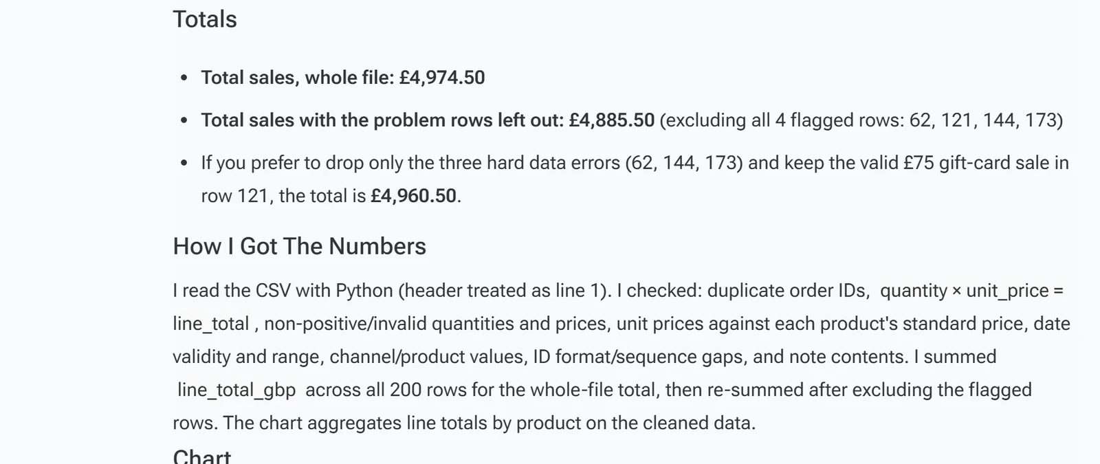 Ninja AI's answer on the orders file with a whole-file total, a total with problem rows left out and a second total