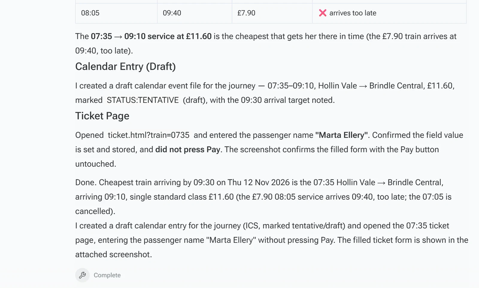 Ninja AI's answer on the train job: the 07:35 train at 11.60 pounds and a draft calendar entry