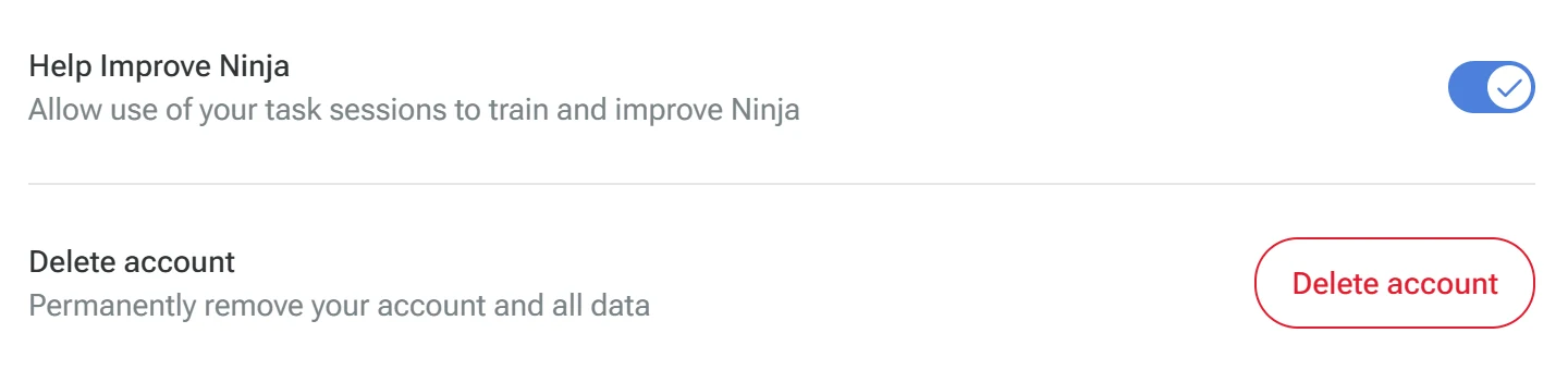 Ninja AI Profile and data page with Help Improve Ninja switch on and a Delete account button