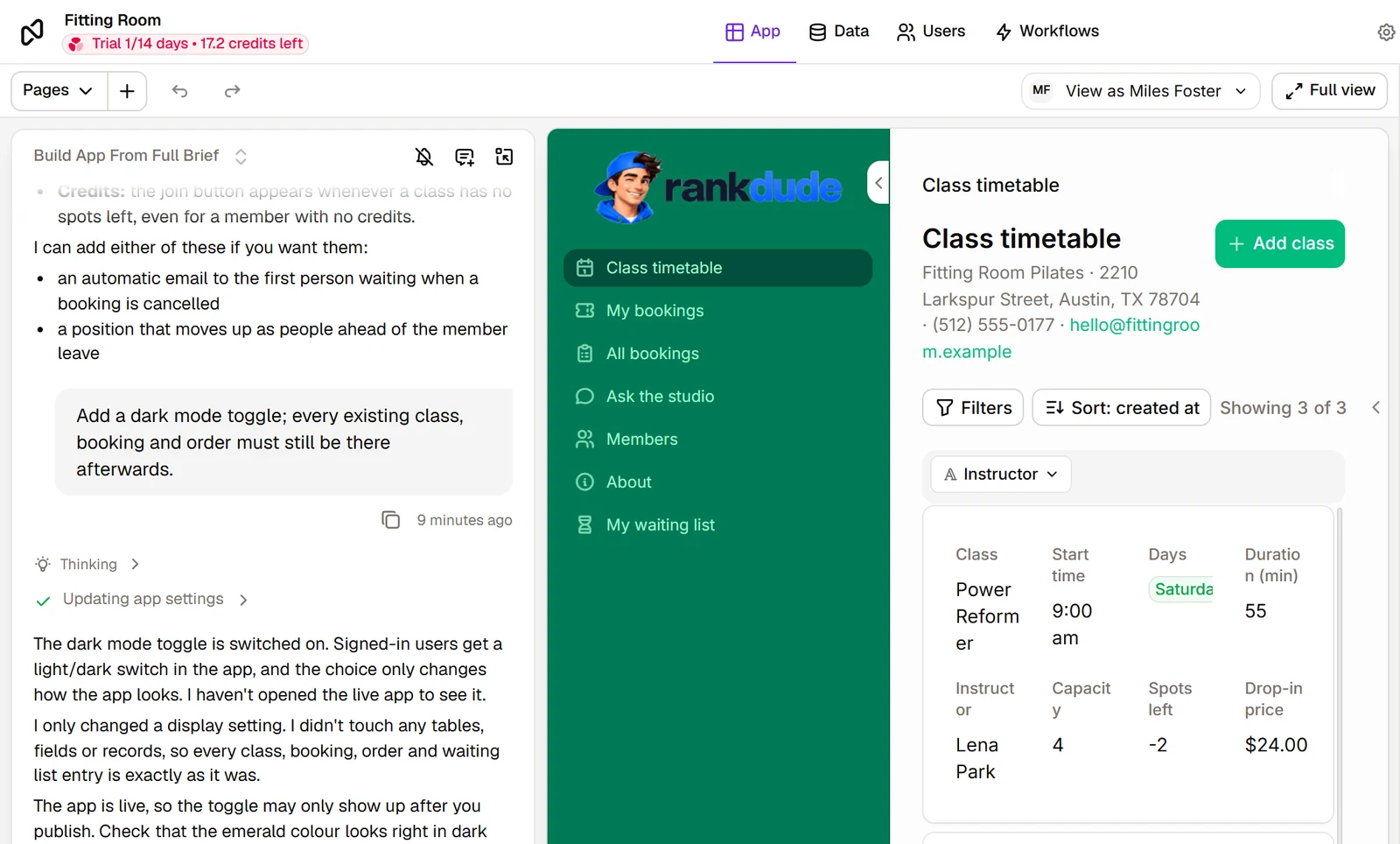 Noloco builder with the Nola chat on the left showing the last answer, and the finished Fitting Room app on the right in a green theme, with Class timetable, My bookings, All bookings, Ask the studio, Members, About and My waiting list in the menu
