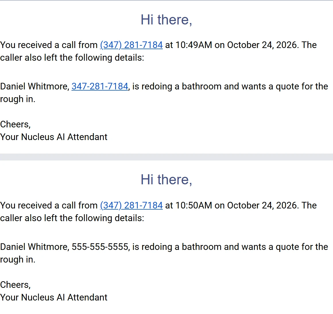 The two Nucleus emails for call 4: Daniel Whitmore with the caller ID number 347-281-7184, then with the spoken number 555-555-5555