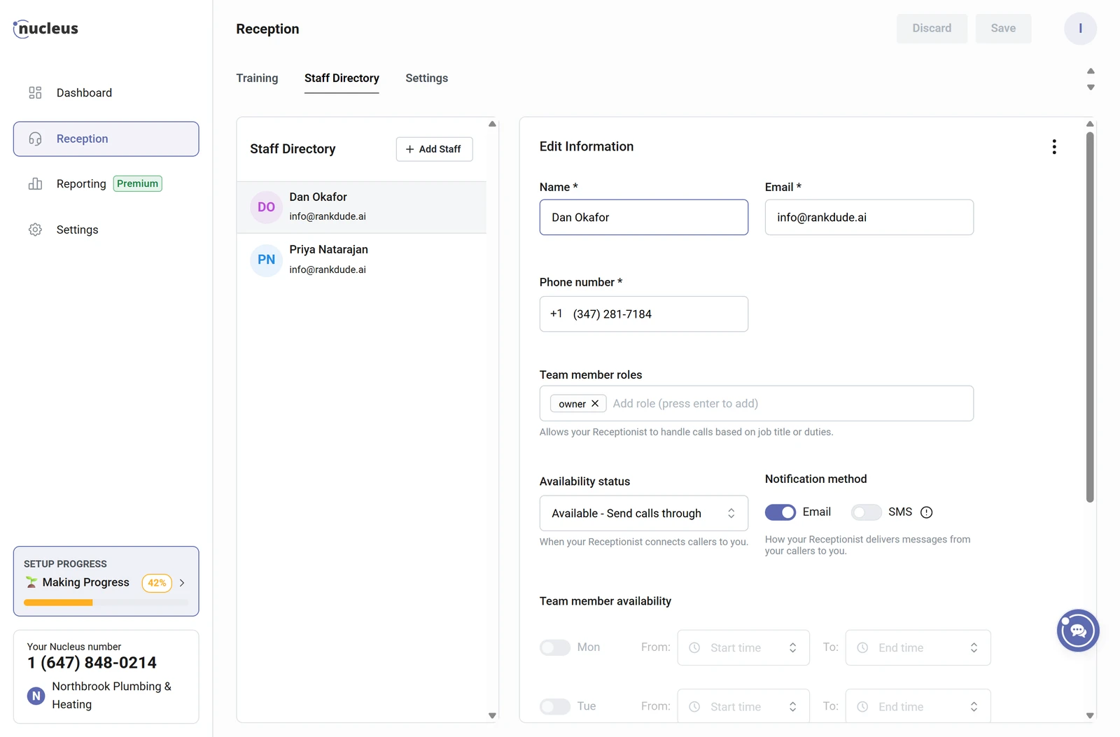 Nucleus staff directory with Dan Okafor and Priya Natarajan and their availability