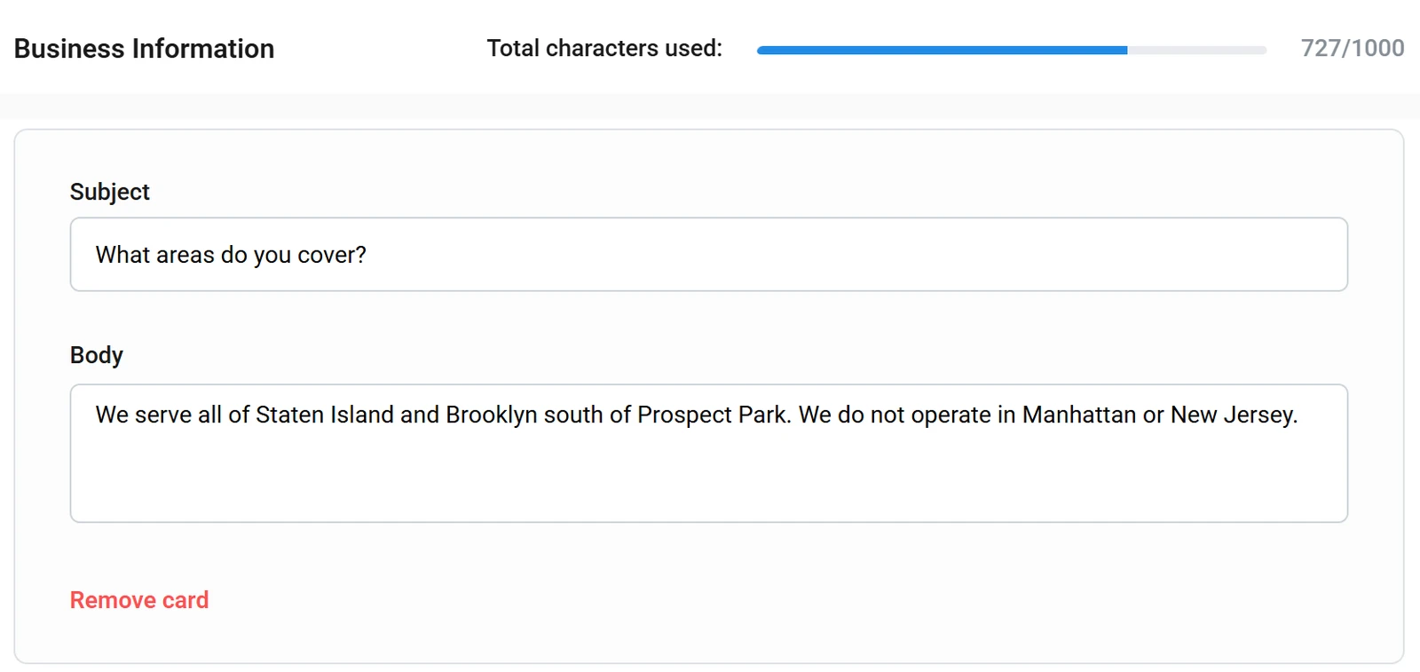 Nucleus's training card for the service area, 'We serve all of Staten Island and Brooklyn south of Prospect Park. We do not operate in Manhattan or New Jersey.', with the 727 of 1,000 character counter