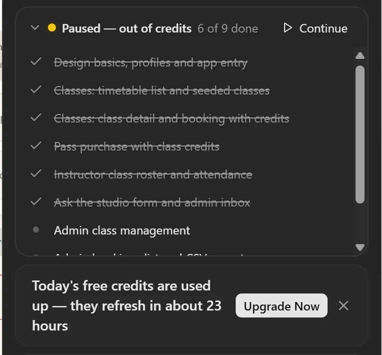 RapidNative task list marked Paused out of credits with six of nine tasks done, and a banner saying today's free credits are used up and refresh in about 23 hours
