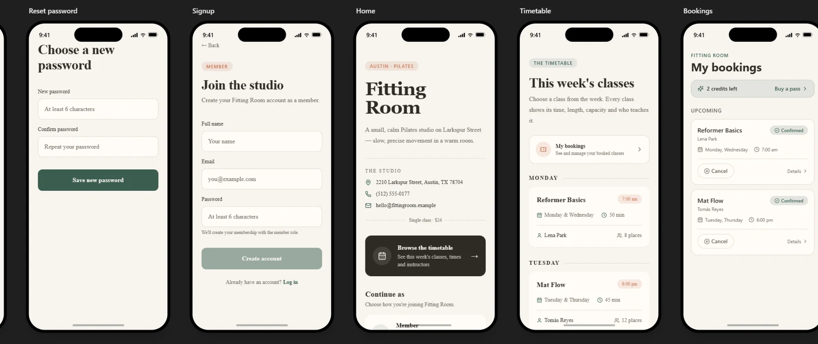RapidNative builder canvas with phone screens for Reset password, Signup, Home, Timetable and Bookings in green and cream