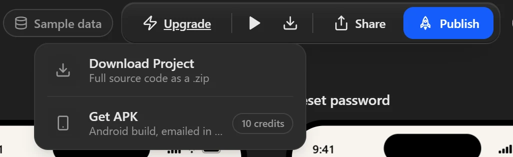 RapidNative Download menu with Download Project, full source code as a zip, and Get APK, an Android build for 10 credits