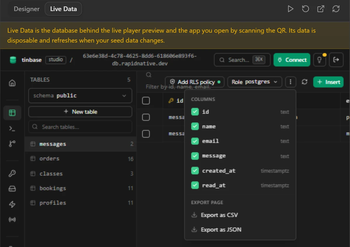 RapidNative Live Data panel with a table list of messages, orders, classes, bookings and profiles and a menu with Export as CSV and Export as JSON