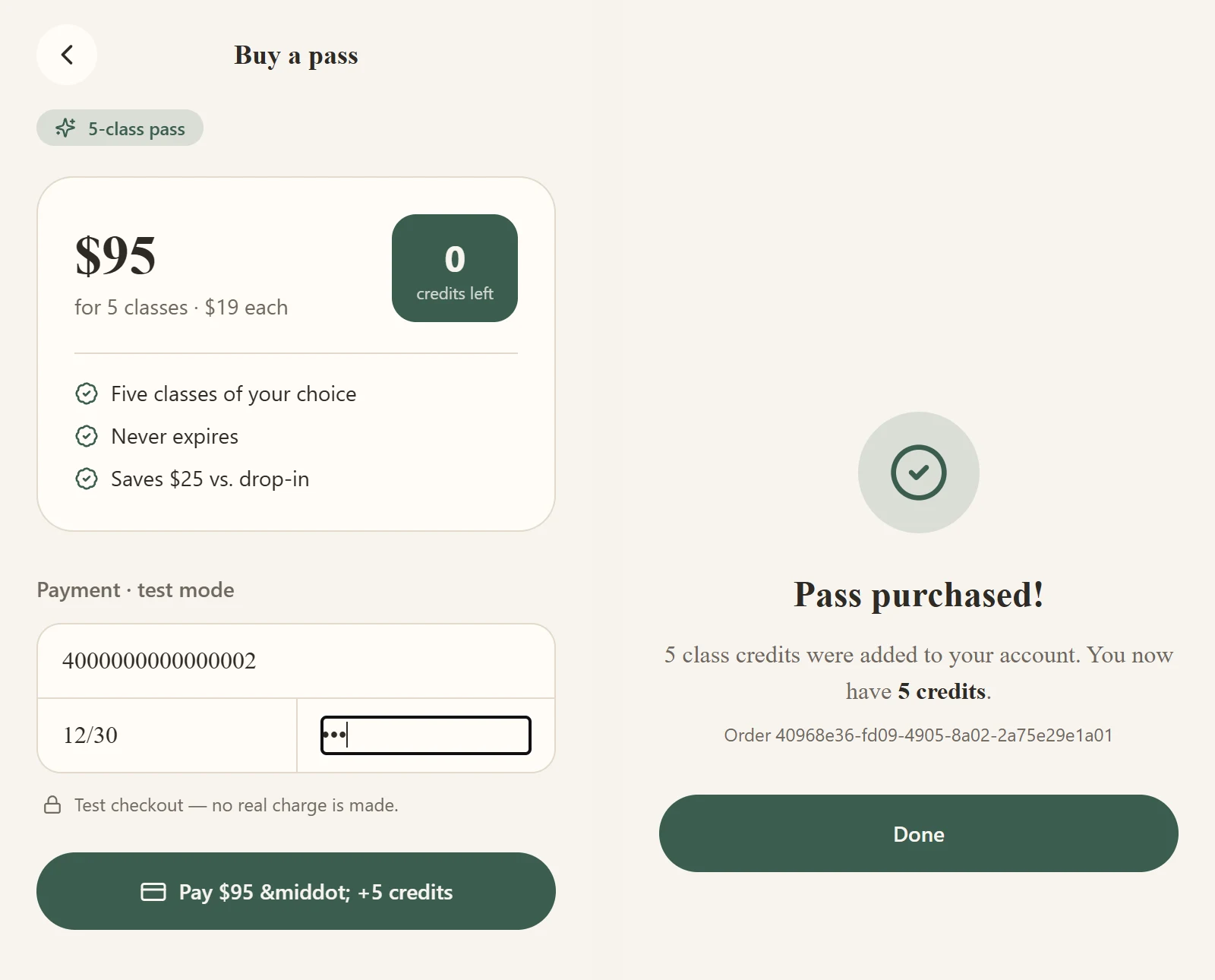 RapidNative test app Buy a pass page with card number 4000000000000002 and Pay $95 button beside a Pass purchased screen showing 5 credits and an order number
