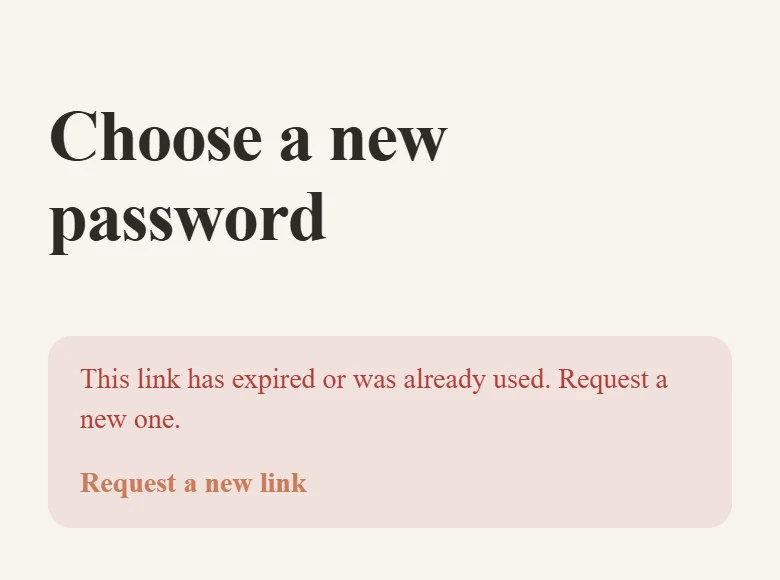 RapidNative test app Choose a new password page with a red message that the link has expired or was already used and a Request a new link button
