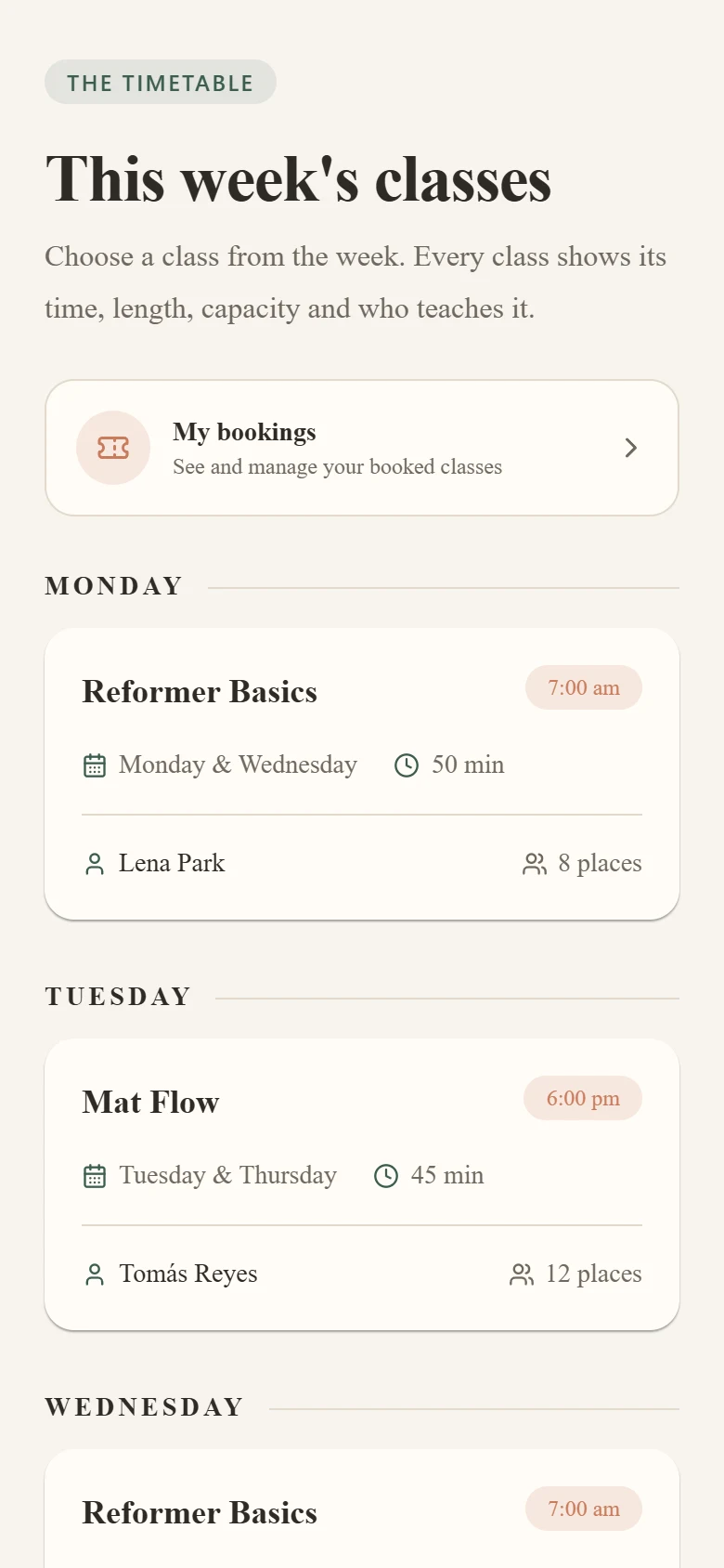 RapidNative test app timetable on a phone in green and cream listing Reformer Basics at 7:00 am, Mat Flow at 6:00 pm and the other classes