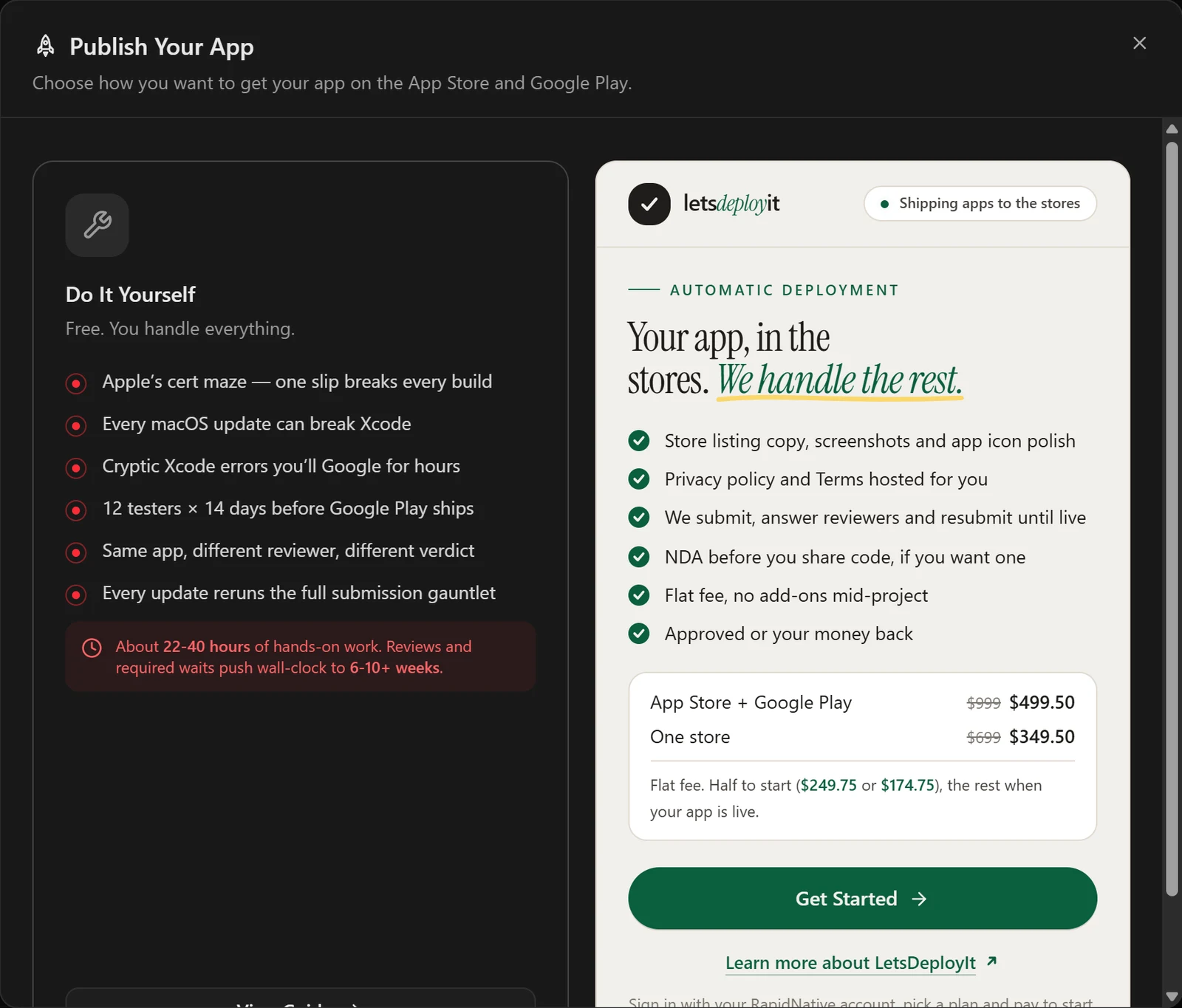 RapidNative Publish Your App dialog with a Do It Yourself column and a letsdeployit column with App Store plus Google Play at $499.50 and one store at $349.50