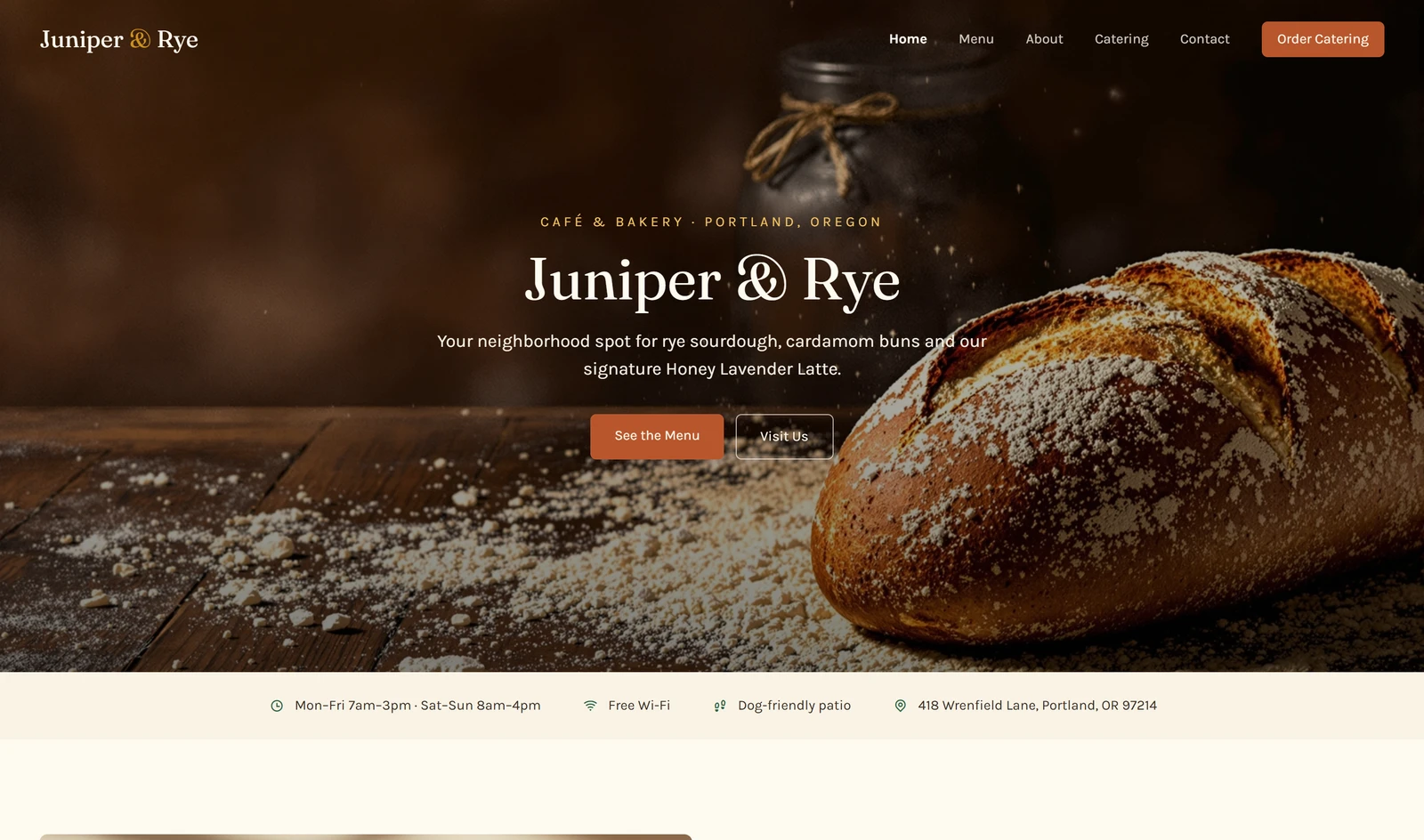 Readdy's cafe first draft on a desktop with a large headline over a loaf of bread and a menu bar