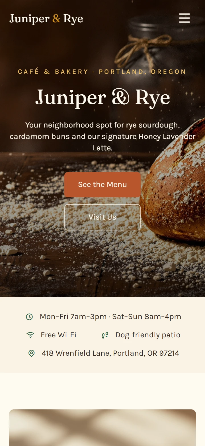 Readdy's cafe first draft on a phone with the headline Juniper and Rye over a loaf of bread and a See the Menu button