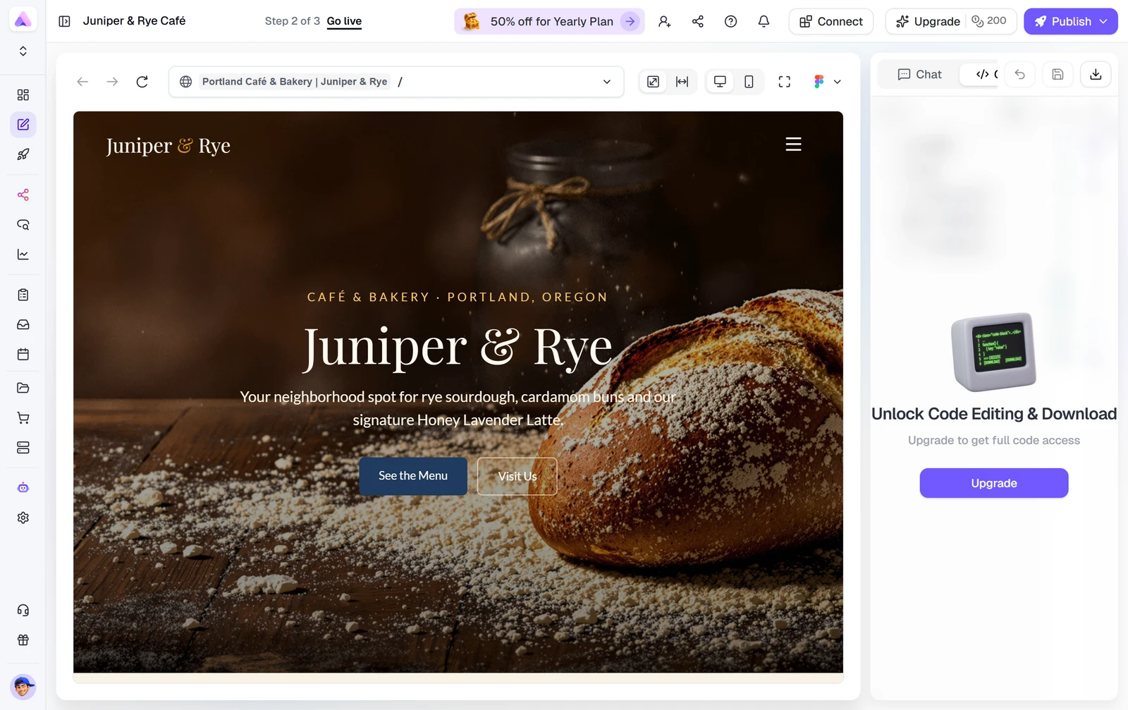 Readdy's editor with the Code tab open, showing Unlock Code Editing and Download, Upgrade to get full code access and an Upgrade button