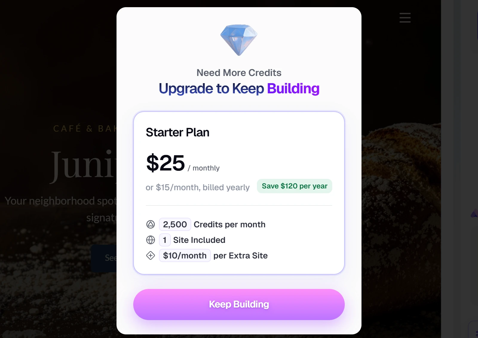 Readdy's Need More Credits window with the Starter plan at 25 dollars a month, 2,500 credits a month and a Keep Building button