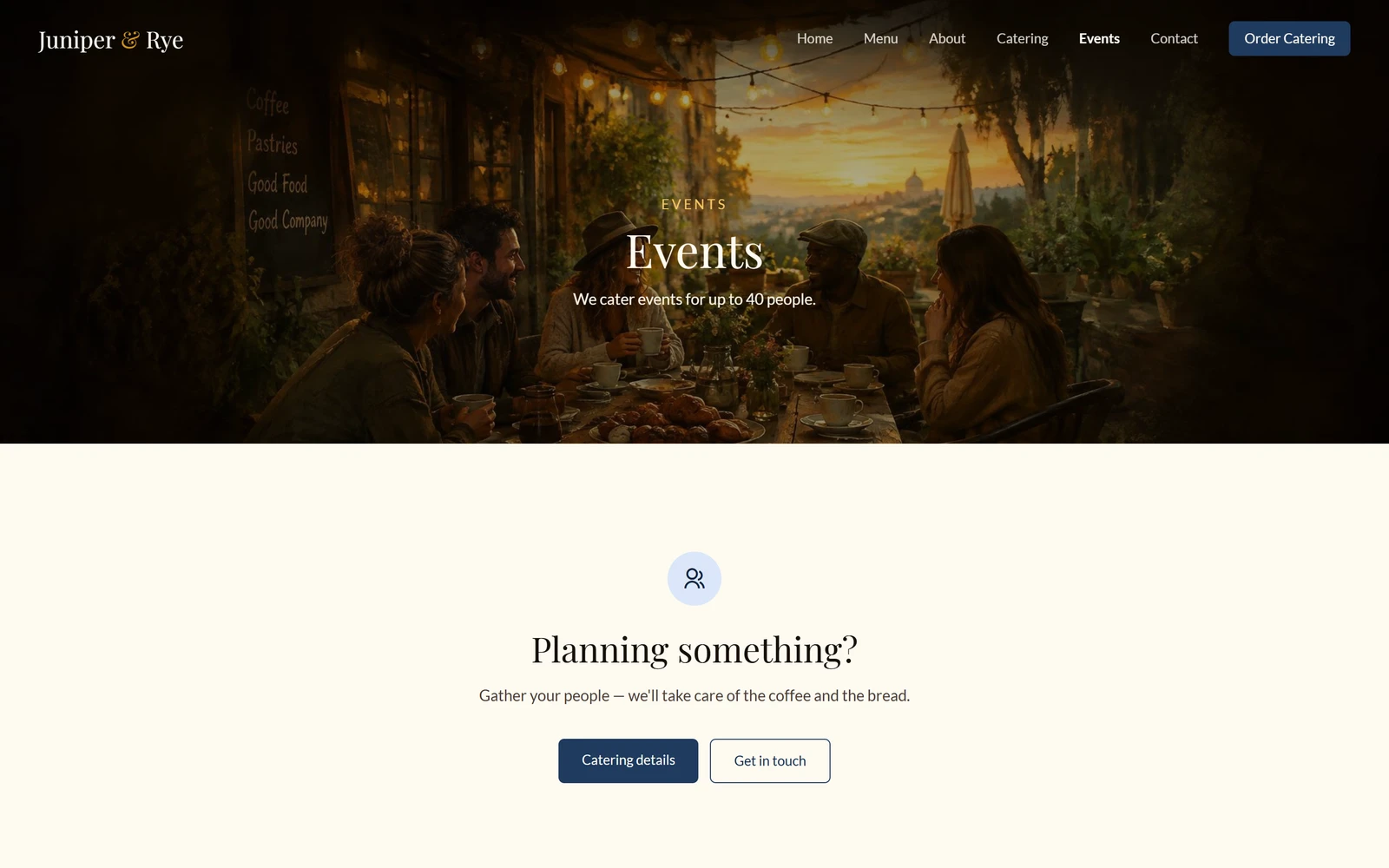 Readdy's new Events page made from one sentence, with a dark photo, the heading Events and a line about catering for up to 40 people