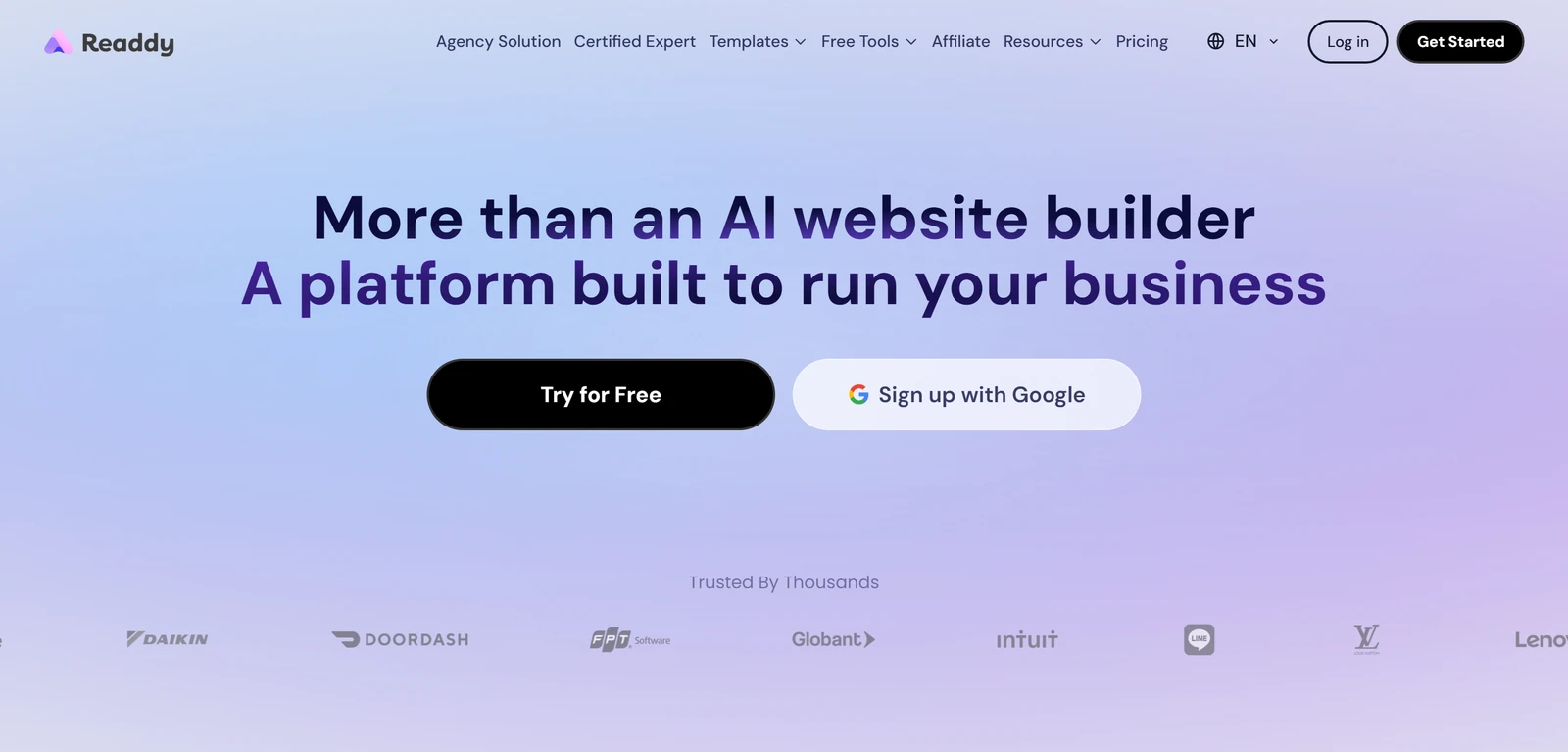 Readdy's own home page with the headline More than an AI website builder and Try for Free and Sign up with Google buttons