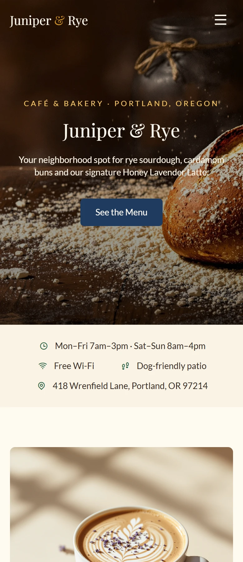 Readdy's cafe home page at phone width with the Visit Us button hidden and a smaller headline