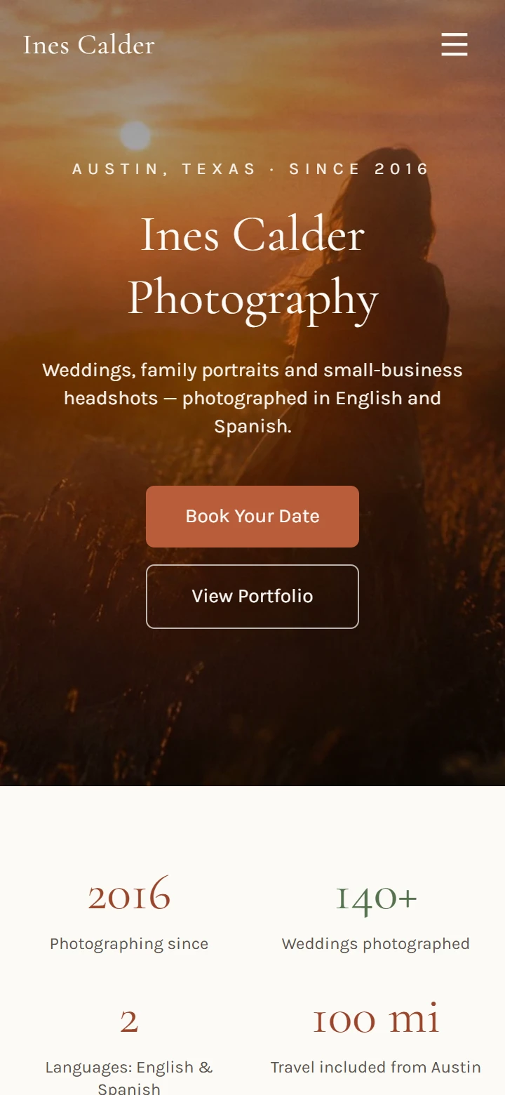 Readdy's photographer first draft on a phone with a sunset field photo, the name Ines Calder Photography and two buttons