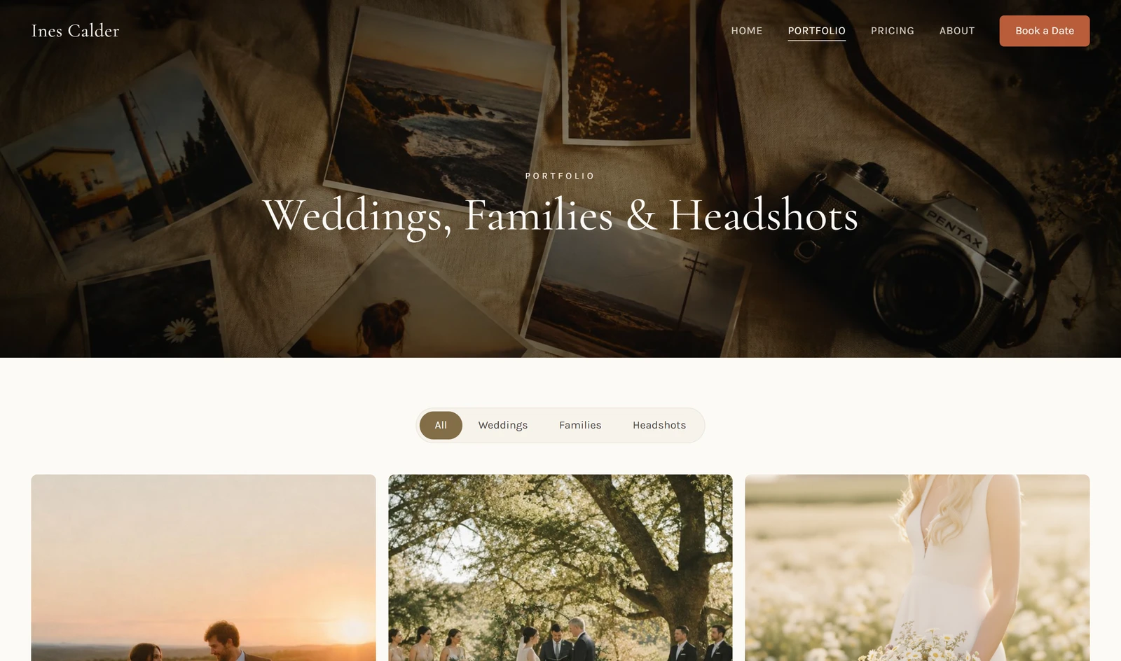 Readdy's photographer portfolio page with a title over a table of old photographs and a grid of wedding and family photos