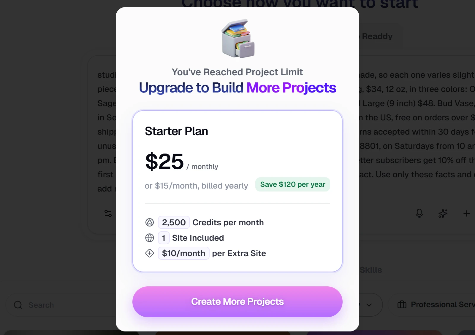 Readdy's window You've Reached Project Limit with the Starter plan and a Create More Projects button