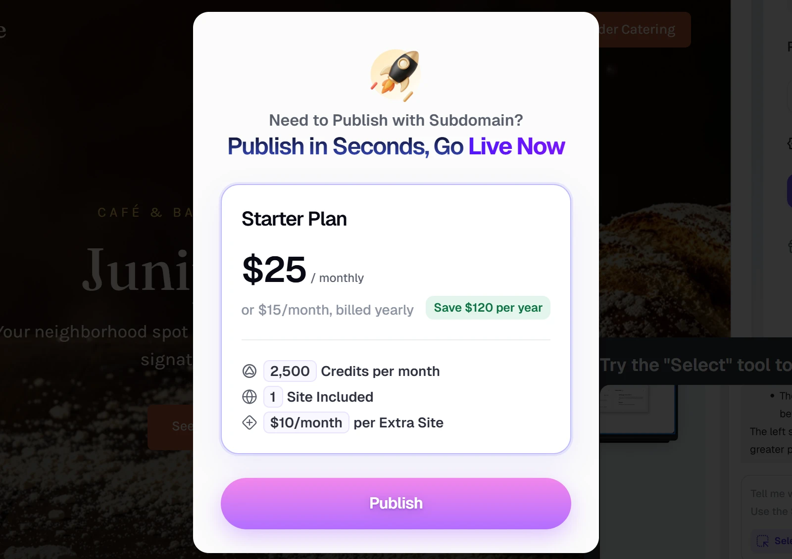 Readdy's window Need to Publish with Subdomain with the Starter plan at 25 dollars a month, 2,500 credits a month, 1 site included and a Publish button