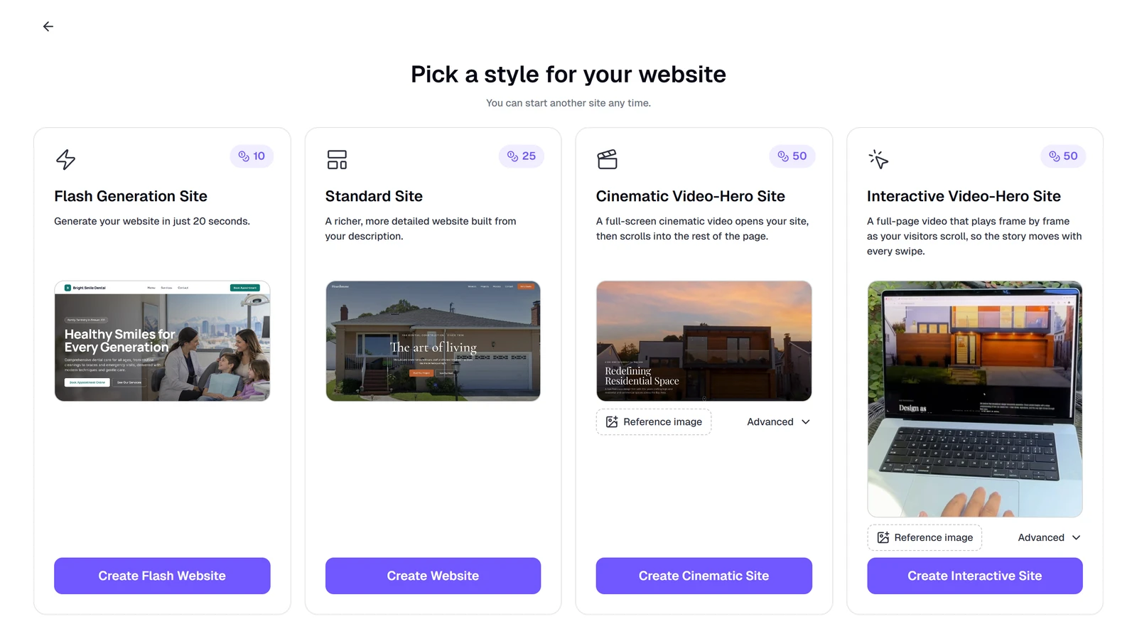 Readdy's Pick a style for your website screen with four build types: Flash 10 credits, Standard 25, Cinematic and Interactive 50