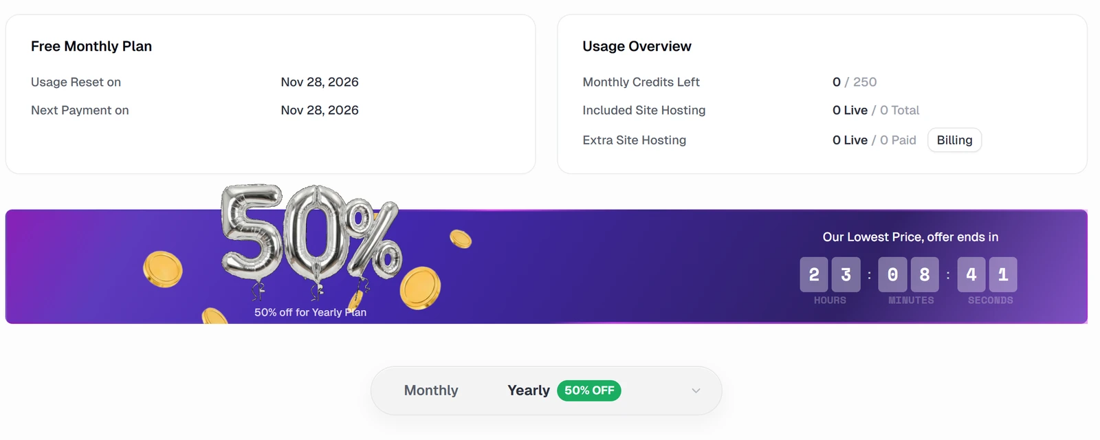 Readdy's Subscription page with the Free Monthly Plan, Monthly Credits Left 0 of 250, Included Site Hosting 0 Live of 0 Total, and a 50 percent yearly offer with a countdown