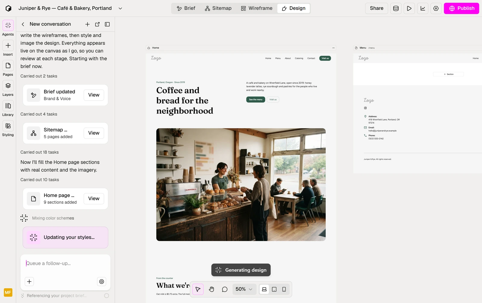 Relume's builder with the AI chat on the left listing the brief, sitemap and home page tasks, and the finished Home page on the canvas