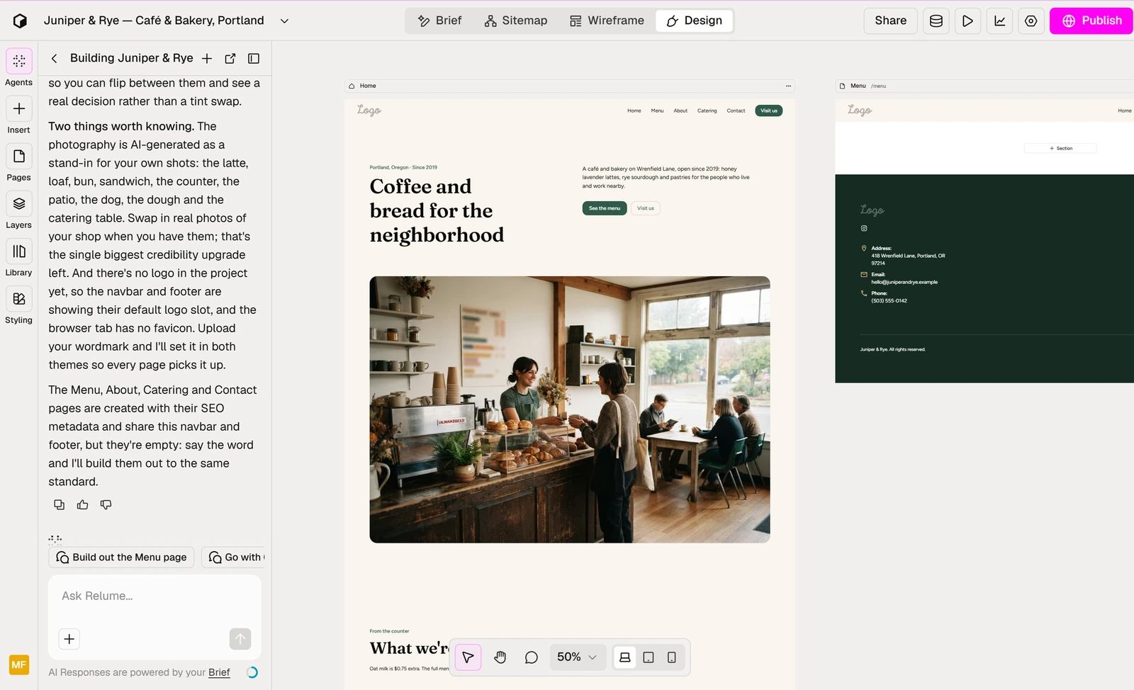 Relume's builder with the AI's summary on the left saying the photography is AI-generated and the finished Home page on the canvas