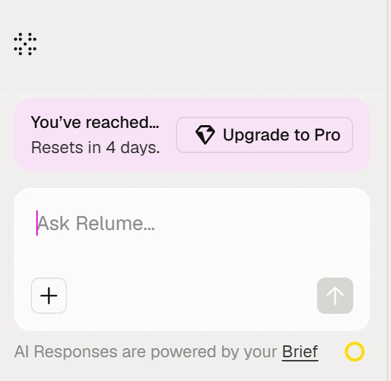 Relume's chat panel with a pink box reading You've reached and Resets in 4 days beside an Upgrade to Pro button
