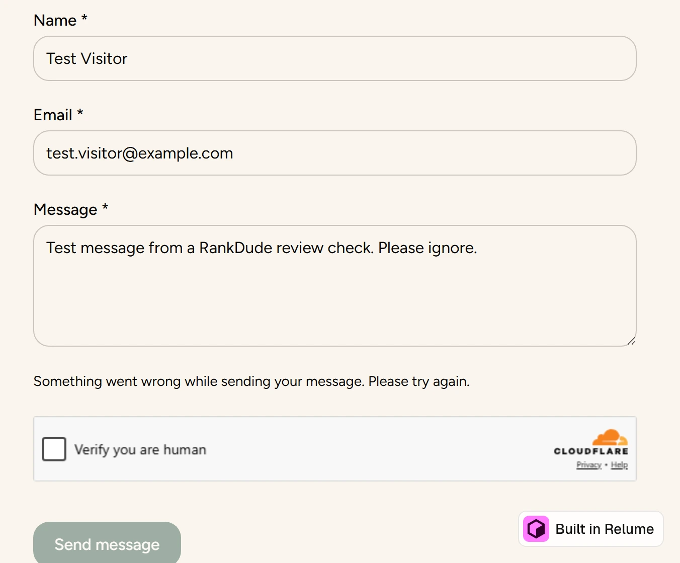 Relume's published contact form with the message Something went wrong while sending your message and a Cloudflare Verify you are human box above the Send message button