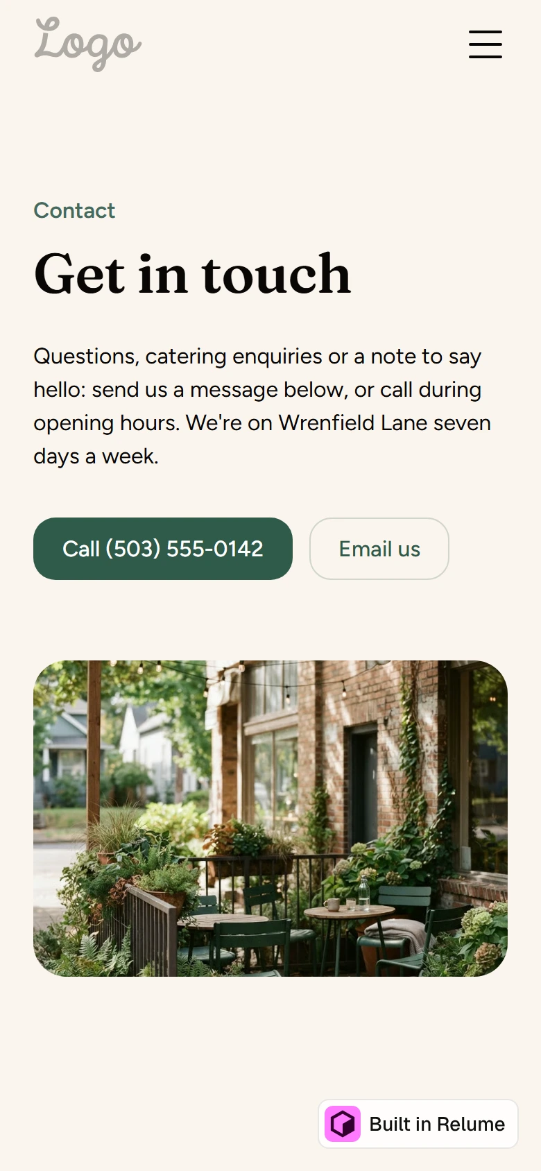 Relume's cafe Contact page on a phone with a headline and contact details