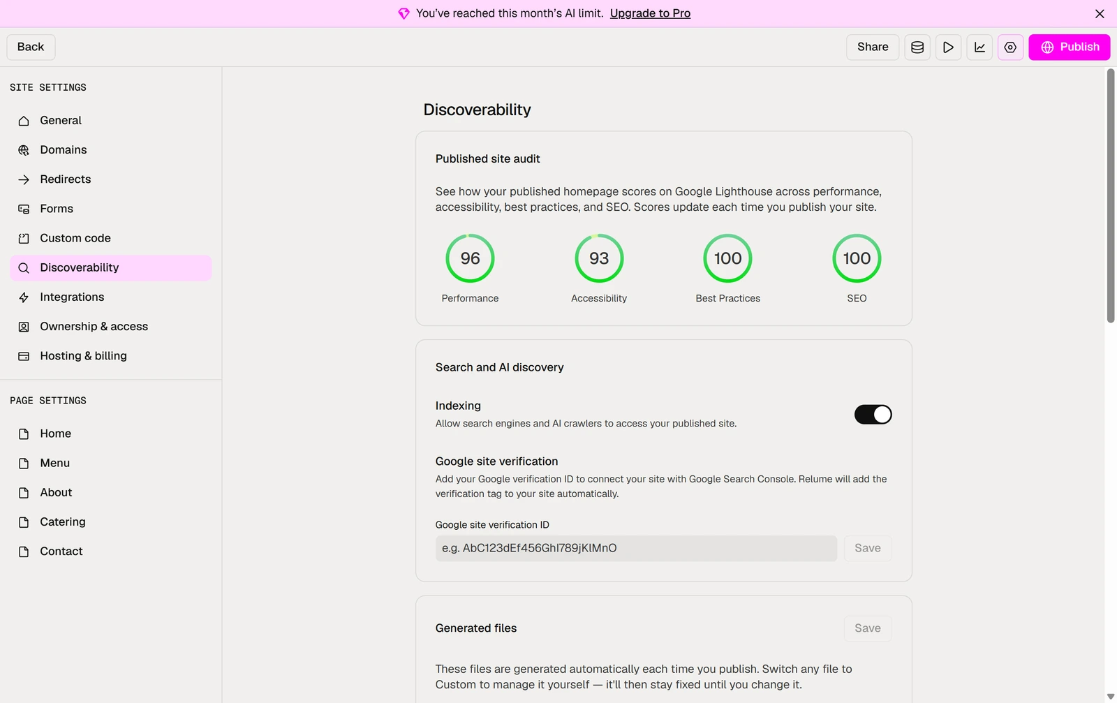 Relume's Discoverability settings with a Lighthouse audit, an Indexing switch and generated robots.txt and sitemap.xml files