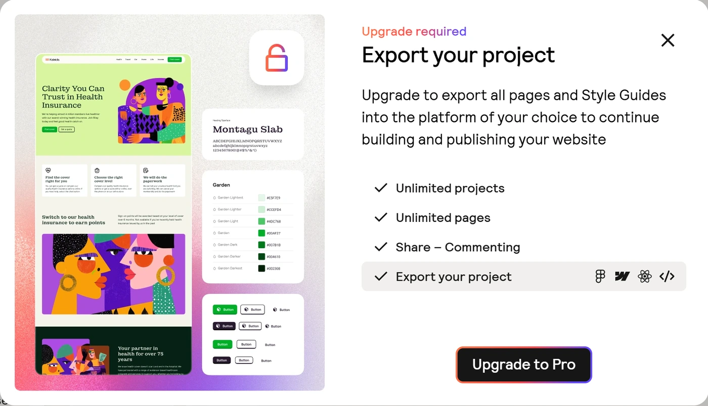 Relume's Upgrade required dialog titled Export your project with a list reading Unlimited projects, Unlimited pages, Share and Export your project, and an Upgrade to Pro button