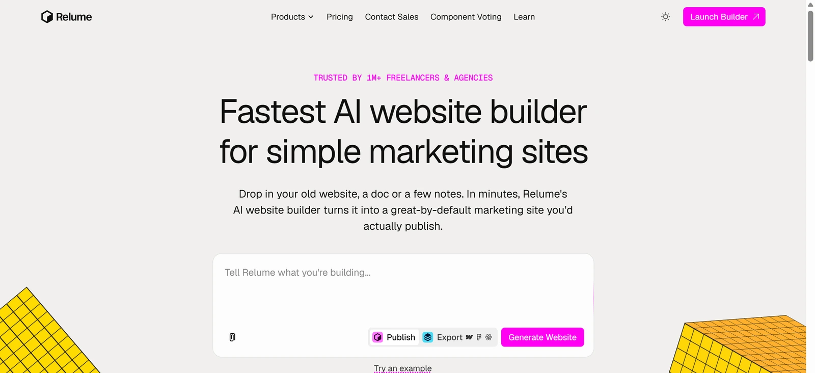 Relume's own home page with the headline Fastest AI website builder for simple marketing sites, a box to describe what you are building and a Generate Website button