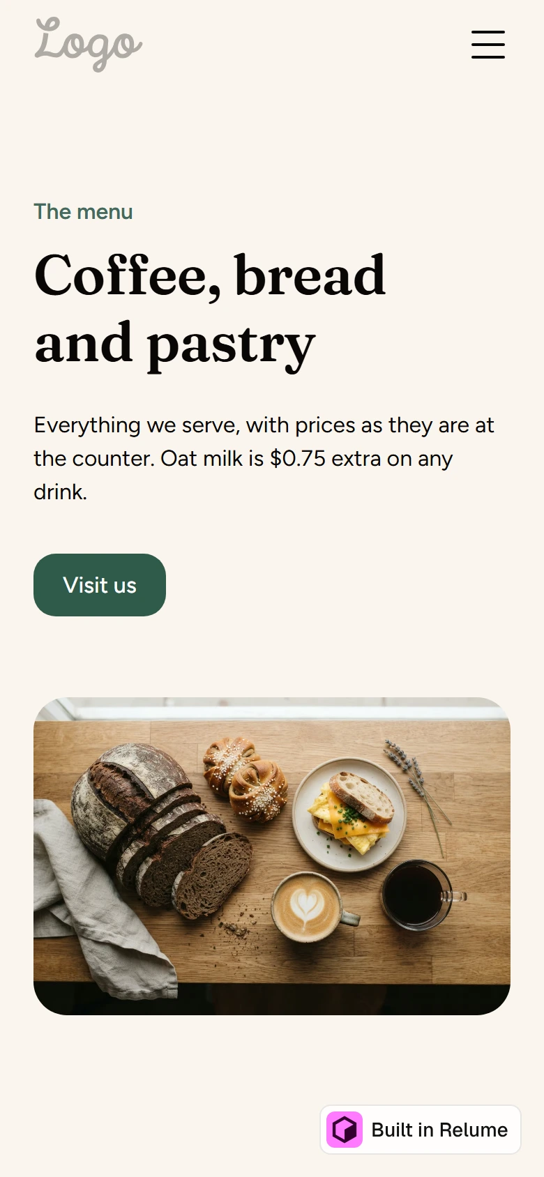 Relume's cafe Menu page on a phone with a headline Coffee, bread and pastry