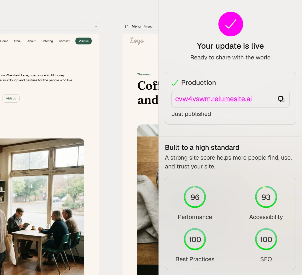 Relume's publish panel reading Your update is live with the address cvw4vswm.relumesite.ai and four scores